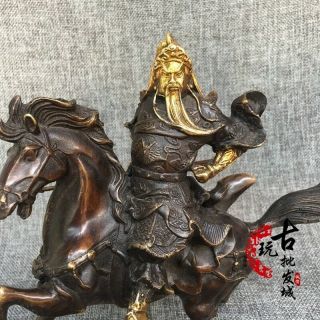 Chinese Feng Shui Bronze gilt Warrior Guan Gong Yu Hold Sword Ride horse Statue 2