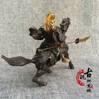 Chinese Feng Shui Bronze gilt Warrior Guan Gong Yu Hold Sword Ride horse Statue 4