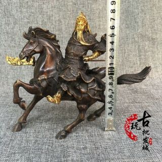 Chinese Feng Shui Bronze gilt Warrior Guan Gong Yu Hold Sword Ride horse Statue 5