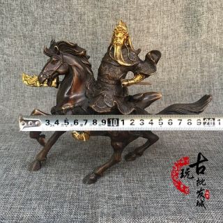 Chinese Feng Shui Bronze gilt Warrior Guan Gong Yu Hold Sword Ride horse Statue 6