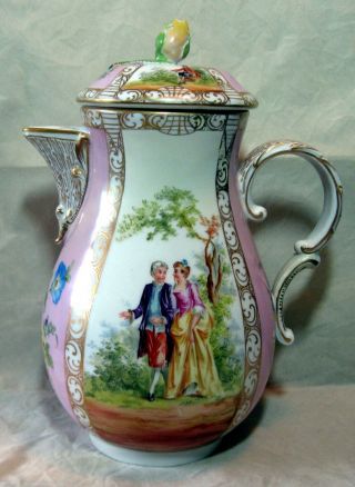 Antique Dresden Carl Thieme Porcelain Quatrefoil Chocolate Pot