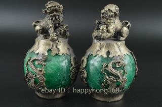 Miao Silver Carve Kylin & Dragon Phoenix Inlay Green Jade Lucky Pair Statue b01 2