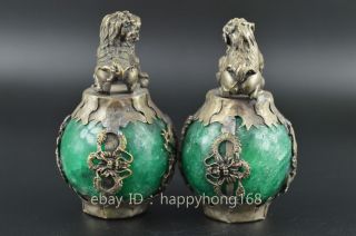 Miao Silver Carve Kylin & Dragon Phoenix Inlay Green Jade Lucky Pair Statue b01 3