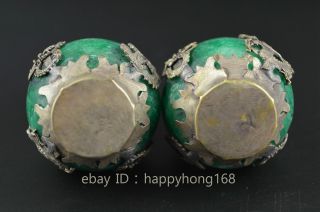 Miao Silver Carve Kylin & Dragon Phoenix Inlay Green Jade Lucky Pair Statue b01 5