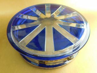 Antique Glass Trinket Vanity Table Box Blue Flashed Cut To Clear Bohemian 1900s