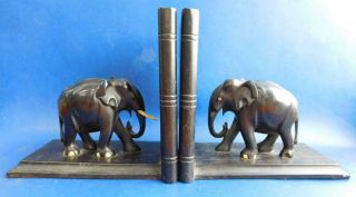 Antique Carved Ebony Wood Elephant Bookends Sri Lanka Ceylon 1900s