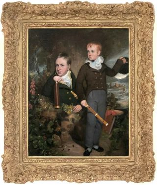 Portrait Of A Sea Captain With Son Antique Oil Painting 19th Century English