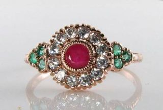 Combo 9k 9ct Rose Gold Ruby Diamond & Emerald Art Deco Ins Ring Size