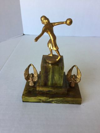 Vintage Two 1950 ' s Ladies Bowling Trophies with Green And Amber Bakelite Bases 4