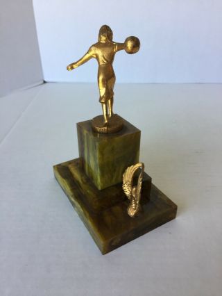 Vintage Two 1950 ' s Ladies Bowling Trophies with Green And Amber Bakelite Bases 5