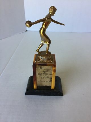 Vintage Two 1950 ' s Ladies Bowling Trophies with Green And Amber Bakelite Bases 6