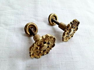 2 - Vintage Brass Ornate Drawer Pull Knob - 3 Pc.  Flower Knob 1 3/8th " W