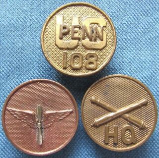 Three Post Wwi Us Army Enlisted Collar Discs: Pang/108,  Air Corps,  & Fa/hq Batt