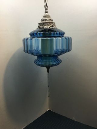 Vintage Mcm Blue Ribbed Glass Swag Lamp Light