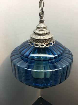 Vintage MCM Blue Ribbed Glass Swag Lamp Light 2