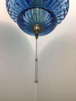 Vintage MCM Blue Ribbed Glass Swag Lamp Light 3