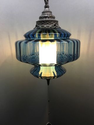 Vintage MCM Blue Ribbed Glass Swag Lamp Light 4