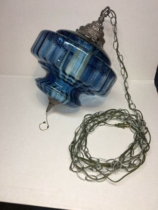 Vintage MCM Blue Ribbed Glass Swag Lamp Light 5