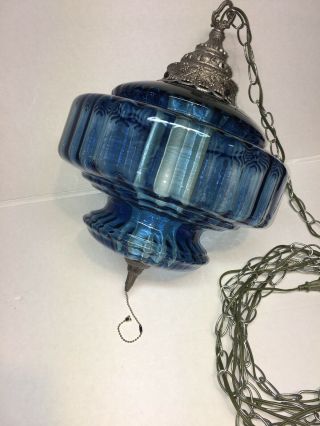 Vintage MCM Blue Ribbed Glass Swag Lamp Light 6