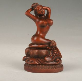 Rare Chinese Boxwood Statue Women Hand Carved Craft Collect Old Gift