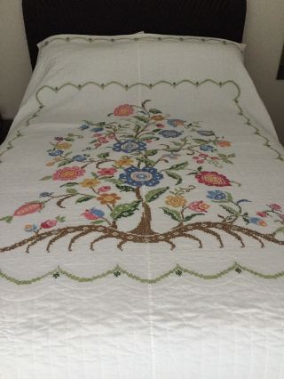 Vintage White Tree Of Life Counted Cross Stitches Quilt