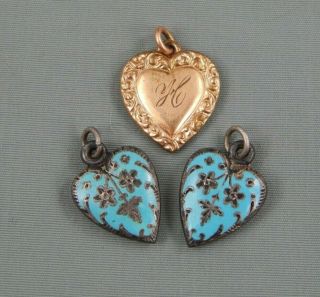 3 Pc Antique Victorian Sterling W/ Blue Enamel & Gold Filled Puffy Heart Charms