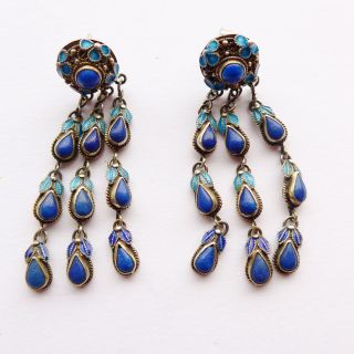 Antique Chinese Export Silver Blue Enamel Lapis 2 " Waterfall Earrings 1930 