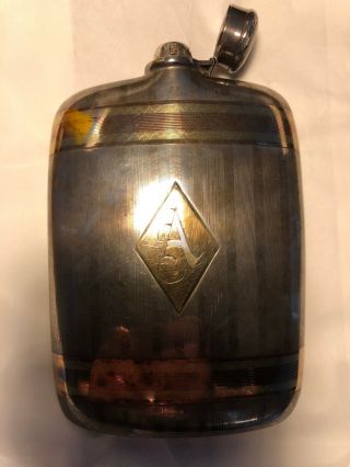 Bliss Antique Flask:.  925 Sterling Silver And Gold Inlay - Cursive " A " On Front