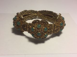 Chinese Antique Sterling Silver Green Aventurine Filigree Gold Vermeil Bracelet