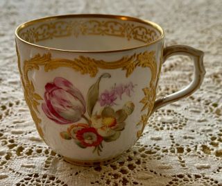 VINTAGE KPM Berlin Neuzierat Dresden Floral & Raised Gold Cup & Saucer GORGEOUS 3