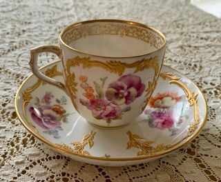 VINTAGE KPM Berlin Neuzierat Dresden Floral & Raised Gold Cup & Saucer GORGEOUS 4