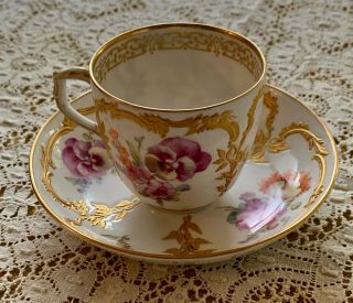 VINTAGE KPM Berlin Neuzierat Dresden Floral & Raised Gold Cup & Saucer GORGEOUS 5