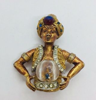 Har Antique Figural Fortune Teller Crystal Ball Rhinestone Pin