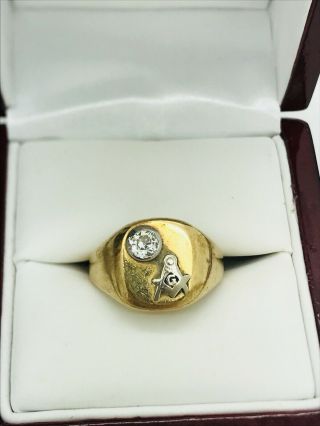 Antique 14k Yellow Gold 0.  60ct Old Mine European VS Diamond Masonic Ring Sz 10 2