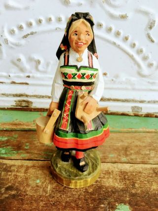 Vintage Henning Farm Girl Hand Carved & Painted Wood Sculpture Made In Norway