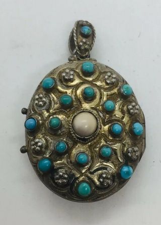 Antique Victorian Austro Hungarian Sterling Silver Blue Turquoise Locket Pendant