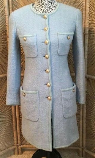 Vintage Authentic Chanel Boutique Light Blue Dress Gold Tone Logo Buttons Size S