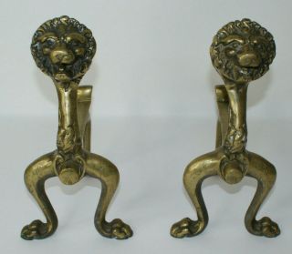 Antique Victorian Solid Brass Fire Dogs Lions Head Claw Feet Andirons Heavy