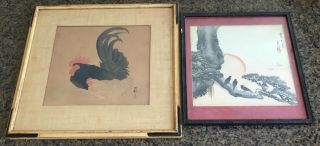 2 Old Vintage Or Antique Japanese Woodblock Prints Rooster Crows