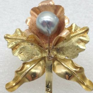 Estate Vintage Mrm 18k Orchid Flower Brooch Pin Rose Yellow Gold Gray Pearl