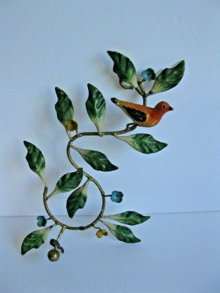 Vintage Painted Italian Tole Towel Hook/holder With Flowers Leaves And A Bird.