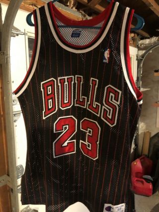 Michael Jordan Black Chicago Bulls Champion Authentic Jersey 48 Xl Pinstripe Vtg