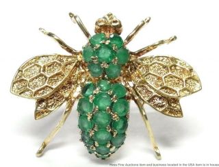 Large 14k Gold Natural Emerald Bee Pin Vintage Insect Flying Bug Brooch Pendant