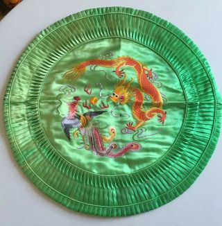 Vintage Chinese Dragon,  Bird Embroidered Round Pleated Cushion Cover
