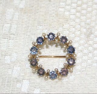 Vintage 14k Gold,  Blue Sapphire,  And Pearl Circle Pendant Brooch_hallmarked