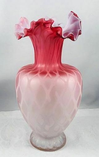 Antique Cased Pink Satin Glass MOP Diamond Quilt Vase Ruffled Rim - Gorgeous N/R 2