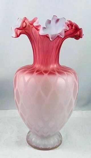 Antique Cased Pink Satin Glass MOP Diamond Quilt Vase Ruffled Rim - Gorgeous N/R 3