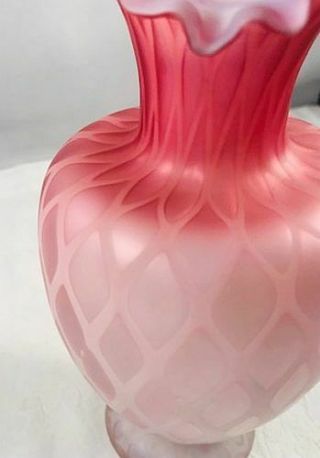 Antique Cased Pink Satin Glass MOP Diamond Quilt Vase Ruffled Rim - Gorgeous N/R 4