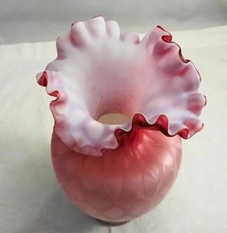 Antique Cased Pink Satin Glass MOP Diamond Quilt Vase Ruffled Rim - Gorgeous N/R 5