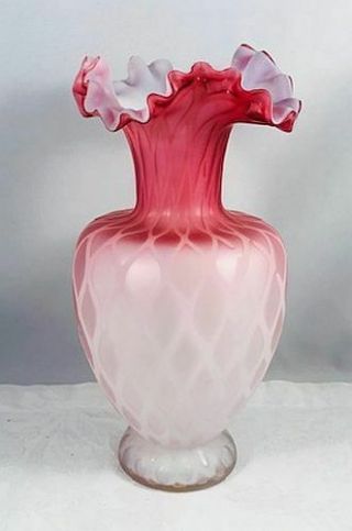 Antique Cased Pink Satin Glass MOP Diamond Quilt Vase Ruffled Rim - Gorgeous N/R 7